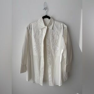 Womens White Sequin Embellished Button Front Shirt Oversized Designer Style